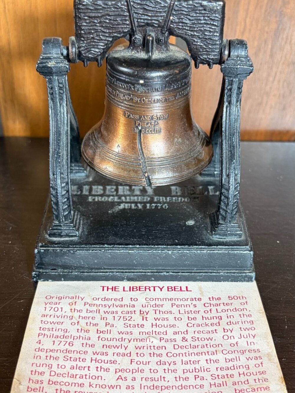 Vintage Penncraft Cast Metal Ringing Liberty Bell Paper Weight Figurine w/ Paper